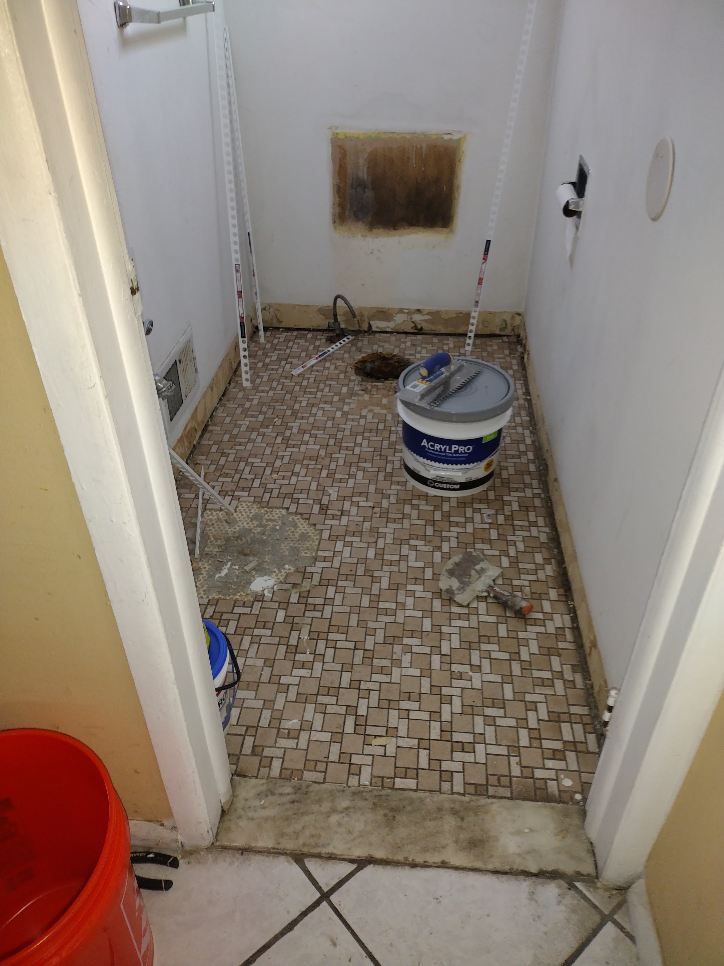 Half-bath before renovation — gutted with old mosaic floor